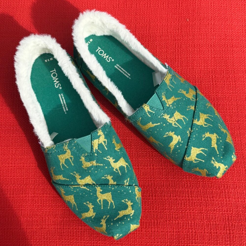 TOMS Green Glitter Reindeer Faux Fur Slip-On Shoes - Womens US 7.5 - NWOT
